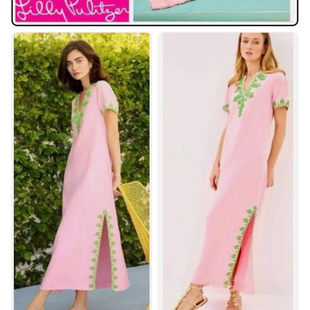 Lilly Pulitzer Pink Maxi Linen Caftan Ariella Green Embroidery - Picture 3 of 17